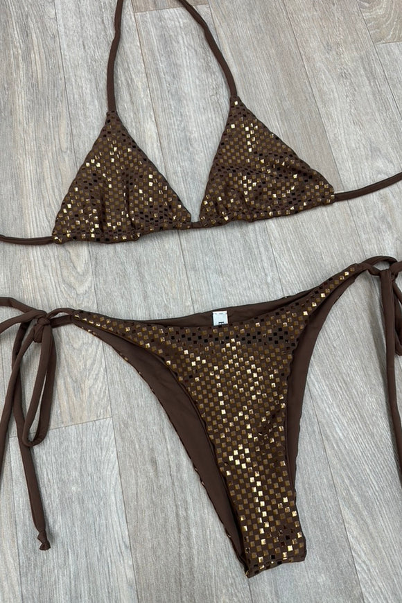 BRONZE CHECK TIE SIDE BIKINI SET