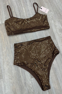 BRONZE CHECK HIGH WAISTED BIKINI SET