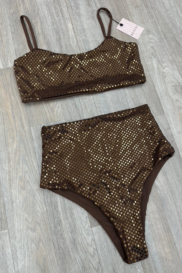 BRONZE CHECK HIGH WAISTED BIKINI SET